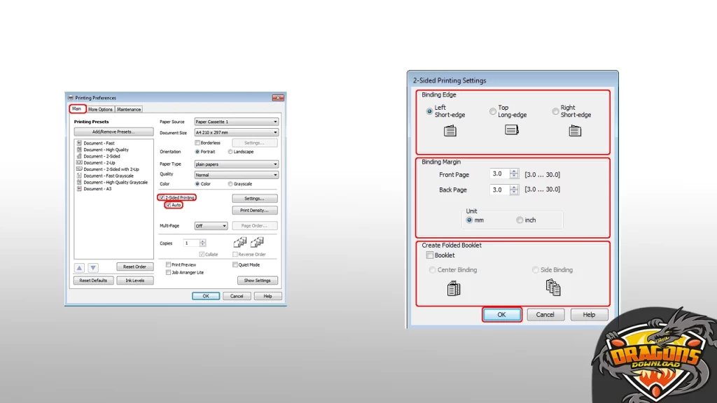 الطباعة على الوجهين في نظام التشغيل Windows
