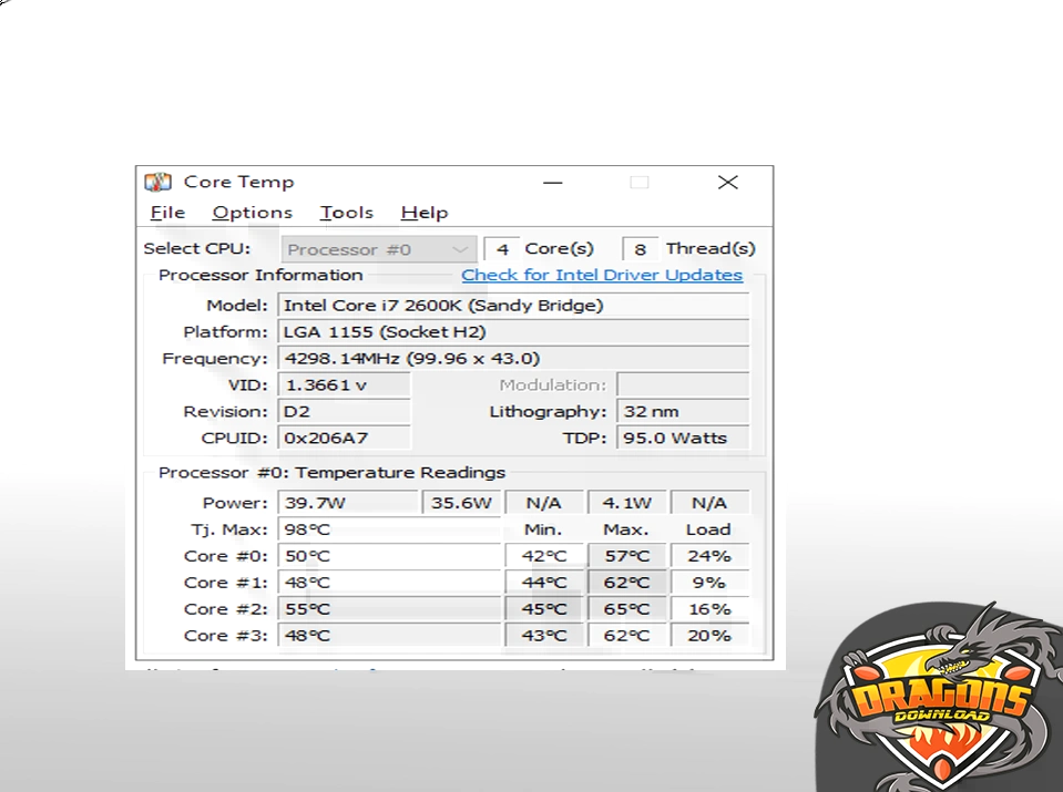 برنامج التعرف على درجة حرارة المعالج الطبيعية i7 Core Temp