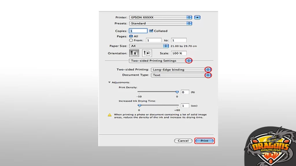 شكل نافذة الطباعة في نظام تشغيل Mac OS X 10.4