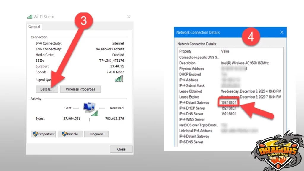 معرفة عنوان الـ IP الراوتر في ويندوز 7الخطوة الثانية من