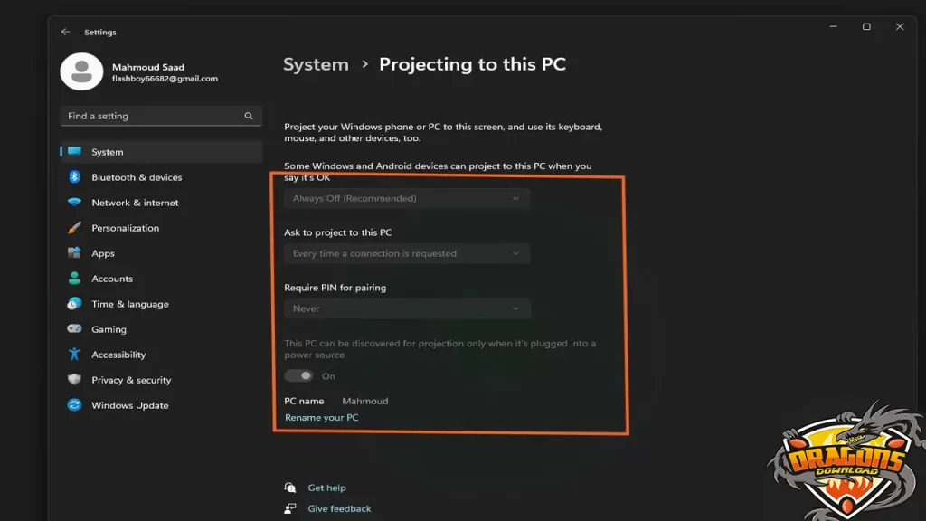 عرض شاشة الهاتف على الكمبيوتر ويندوز 11
