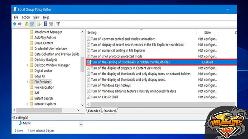 سياسة إيقاف التخزين المؤقت للصور المصغرة داخل ملفات